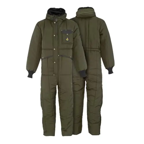 RefrigiWear Iron-Tuff coverall model in extreme cold weather conditions