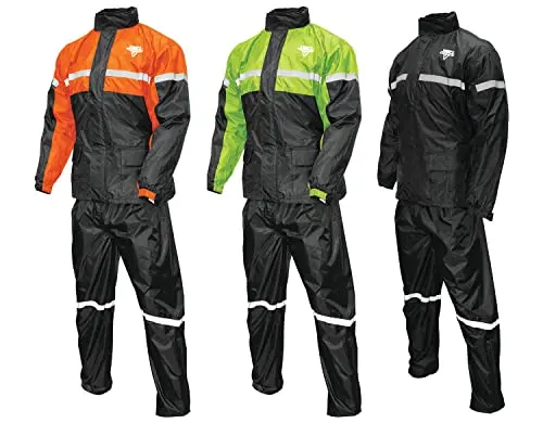 Nelson-Rigg Stormrider motorcycle rain suit in orange and black with reflective stripes