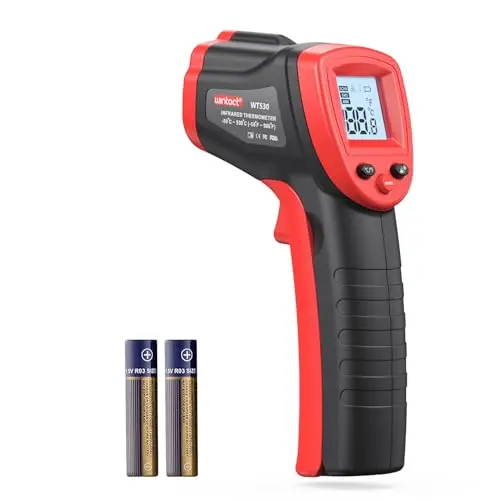 Wintact infrared thermometer in red and gray color scheme