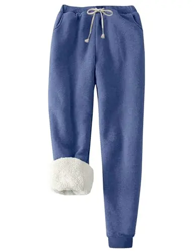 Flygo women's winter warm fleece joggers pants sherpa lined in blue