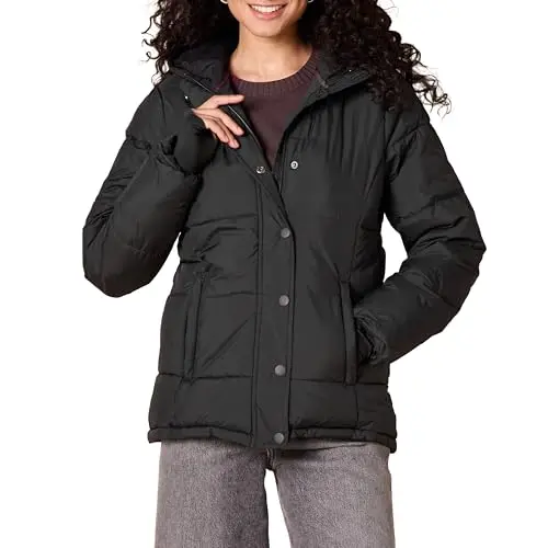 Amazon Essentials women's black quilted puffer coat with hood