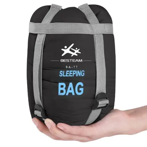 BESTEAM lightweight sleeping bag showing compressed size