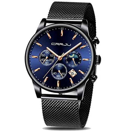 CRRJU chronograph watch with blue dial and stainless steel band