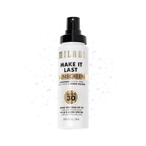 Milani sunscreen setting spray being applied over completed makeup