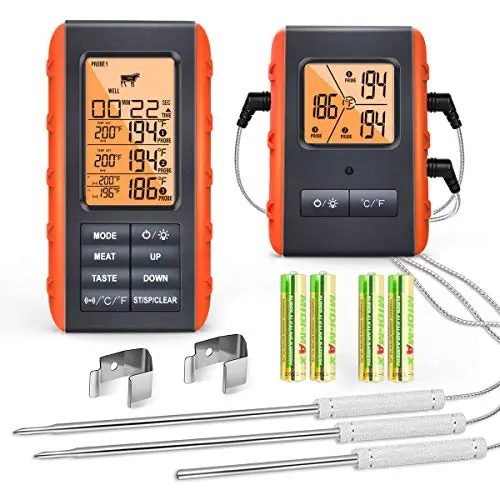 VAUNO wireless meat thermometer with three probes and orange digital display