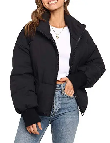 MEROKEETY women's baggy short puffer jacket in black