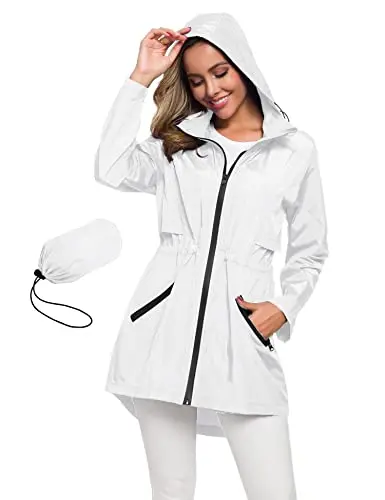 AVOOGUE women's lightweight long raincoat with hood and adjustable waist