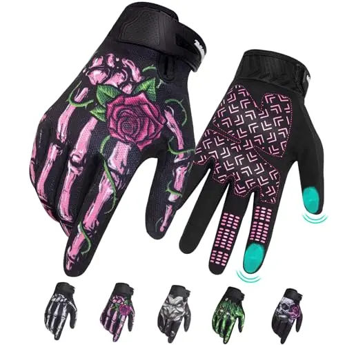 RIGWARL Women's Motorcycle Gloves with pink skeleton design and touchscreen fingertips