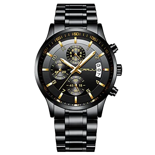 CRRJU luxury watch with black and gold stainless steel design