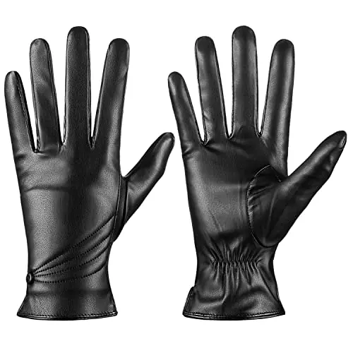ISHISBEB women's black leather touchscreen gloves with cashmere lining