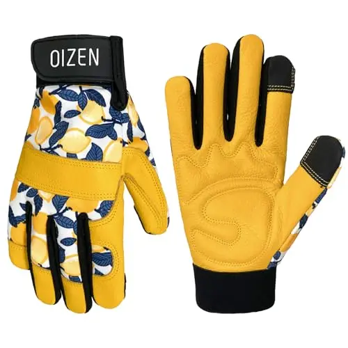 OIZEN cowhide leather gardening gloves in yellow color