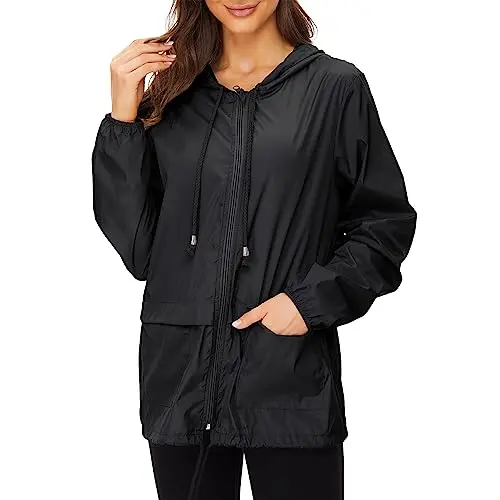 Zando women's black waterproof windbreaker jacket folded compactly