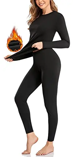 SIMIYA women's thermal underwear set with fleece lined long sleeves in black