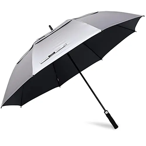G4Free golf umbrella open showing silver double canopy and vented design