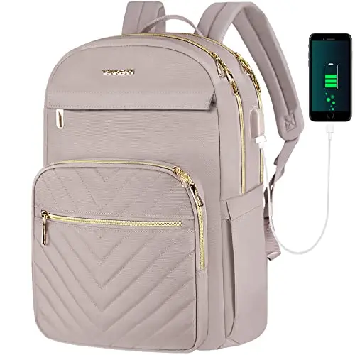 VANKEAN stylish waterproof laptop backpack in light dusty pink with gold accents
