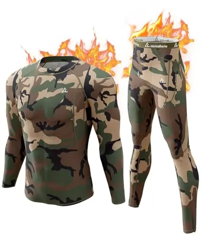 Thermal underwear set with camo pattern for hunting in cold weather
