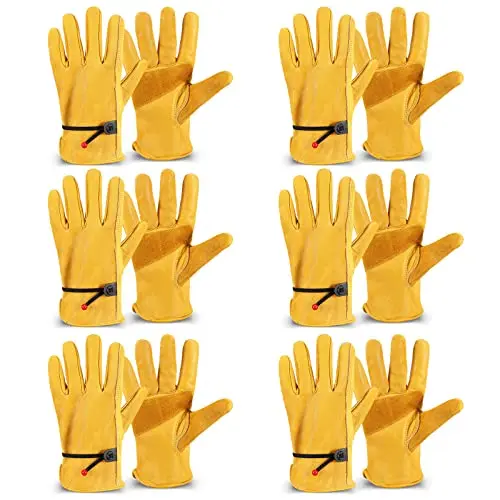 Tarpop 6-pack yellow cowhide leather work gloves with reinforced palms