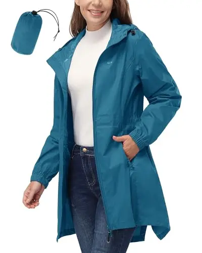 33,000ft women's long trench-style raincoat in packable pouch