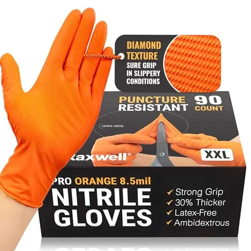 Raxwell orange nitrile gloves with diamond texture and touchscreen compatibility