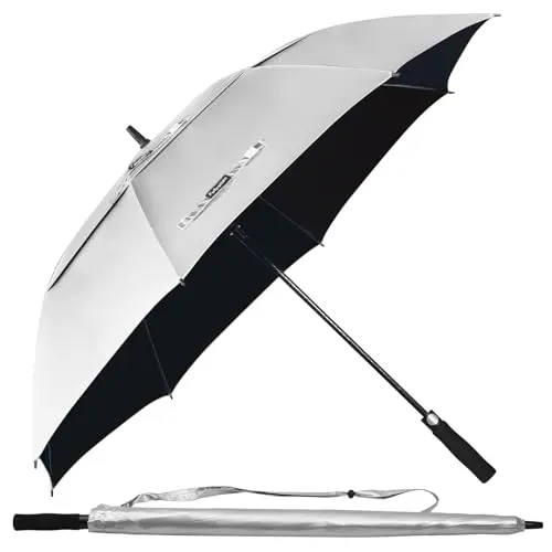 Fulynmen 68 inch silver and black golf umbrella with double canopy