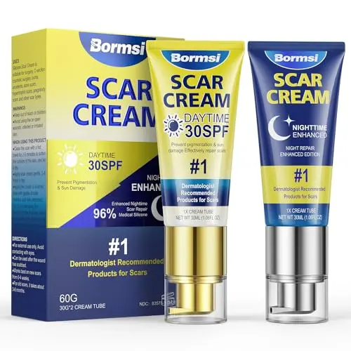 BORMSI scar cream with SPF 30 sunscreen and overnight silicone gel