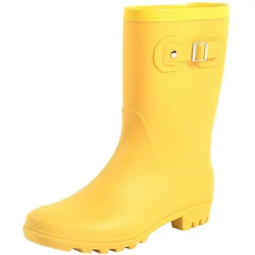 Fubotao women's mid calf waterproof rain boots with decorative buckle