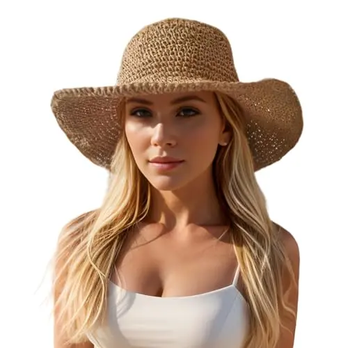Askljeby women's handmade crochet straw sun hat with wide brim for travel