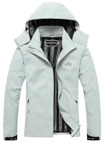 Women's waterproof raincoat with detachable hood in light gray