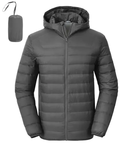 Rdruko men's hooded packable down puffer jacket in dark grey