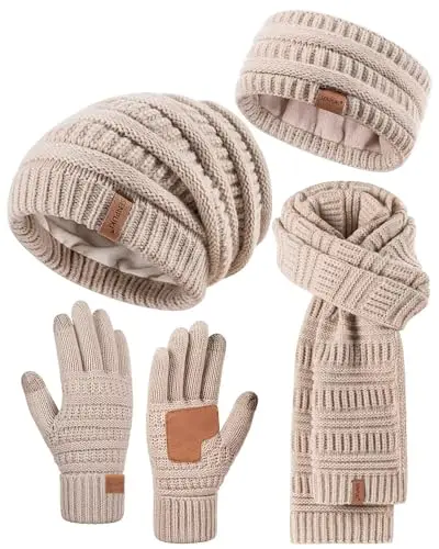 SENPUKI women's winter beanie hat, scarf, gloves, and headband set in oatmeal color