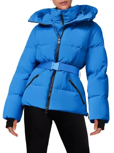 Fisoew women's ski jacket with buckle waistband and thumb holes