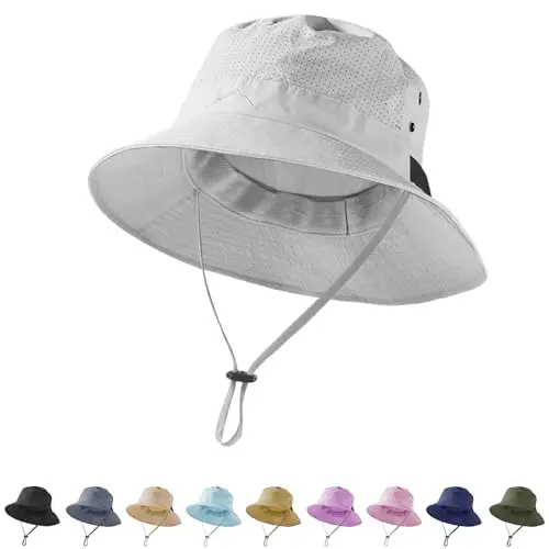 Cooling sun bucket hat with wide brim and adjustable chin strap