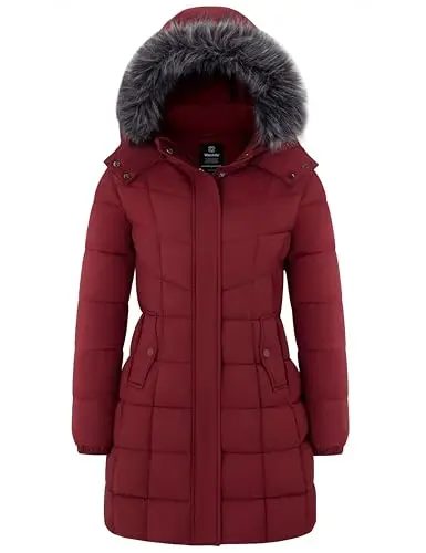wantdo women's long puffer coat in wine red