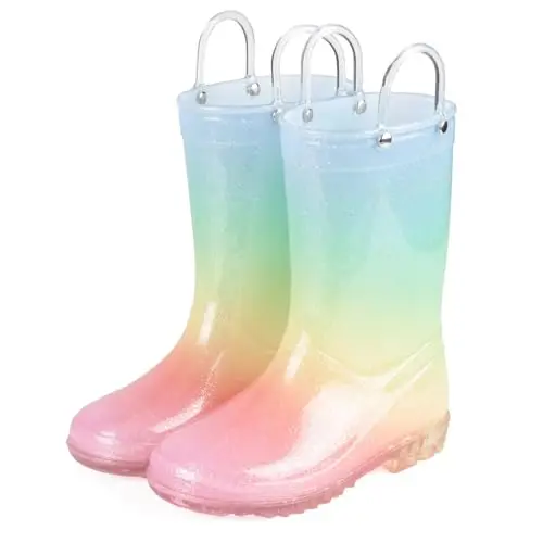 JUDIS kids glitter rain boots in colorful gradient with handles
