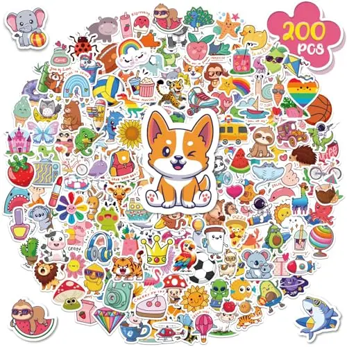 ALODNY 200-piece kawaii waterproof vinyl stickers with cute animal designs