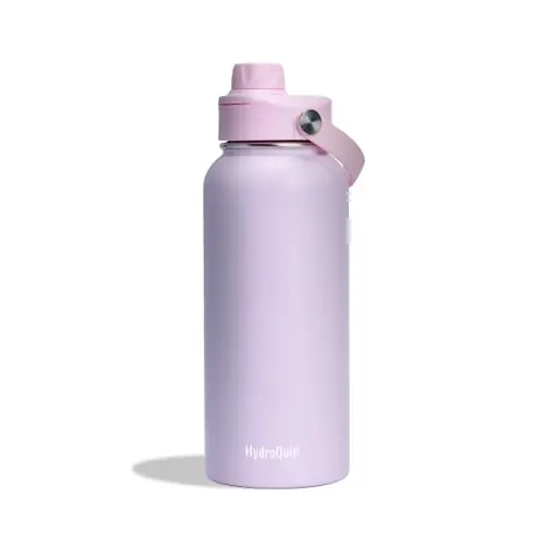 HydroQuin 32oz water bottle with comfort grip handle in Rose Quartz color
