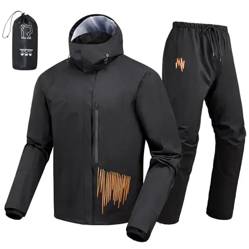 RIDEIRON motorcycle rain suit with 15,000mm waterproof rating and detachable hood