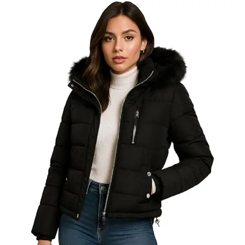 Steve Madden women's cropped puffer jacket with removable fur hood